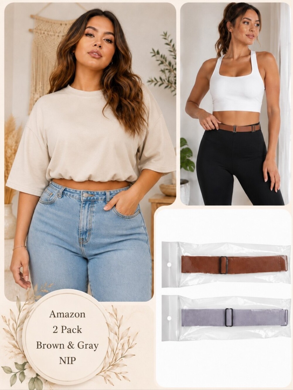 2-Pack Adjustable No-Show Crop Top Belts Brown & Gray NIP